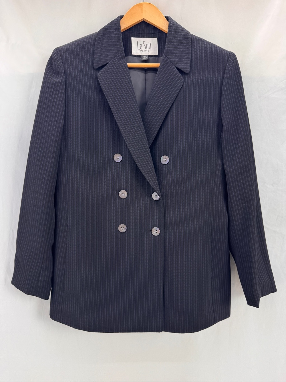 Le Suit Petite Double-Breasted Textured Pinstripe Blazer Black / Navy 8P